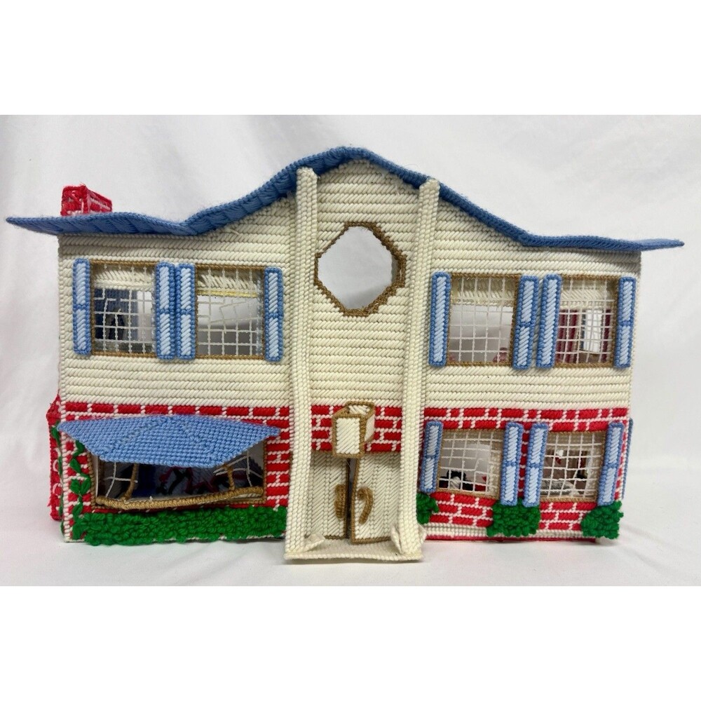 Vintage Needle Point Doll House with Doll Furniture Handmade Unique Cute
